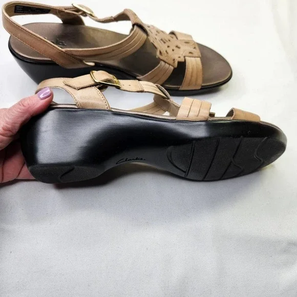 Clarks Leather Sandal Laser Cut Ankle Buckle Strap Bronze Size 11 Wedge Heel - Picture 8 of 8